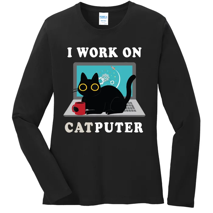 Funny Black Cat I Work On Computer For Cat Lover , Funny Cat Ladies Long Sleeve Shirt