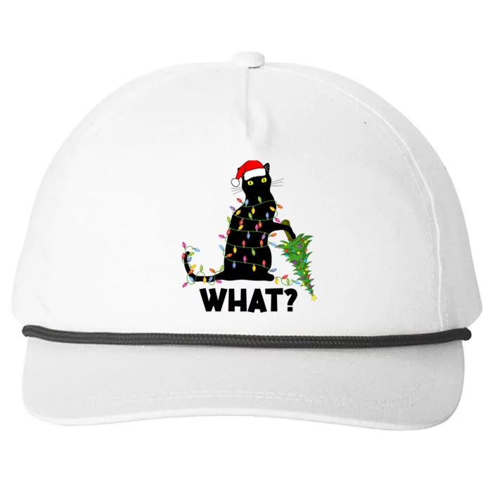 Funny Black Cat Pushing Christmas Tree Over Cat Christmas Funny Gift Snapback Five-Panel Rope Hat