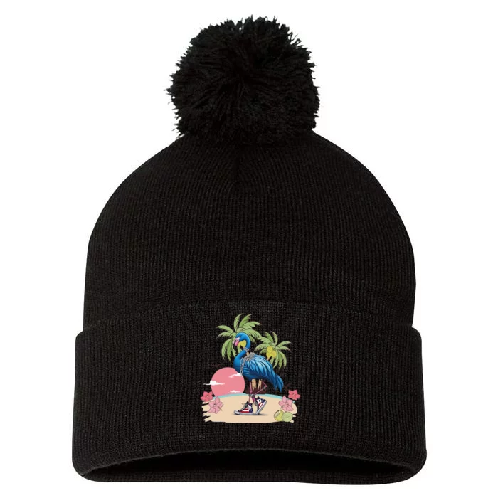 Flamingo Blue Chucks And Pearls Funny Coconut Tree Women Pom Pom 12in Knit Beanie