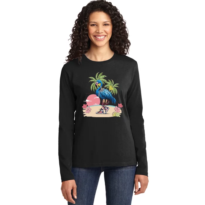 Flamingo Blue Chucks And Pearls Funny Coconut Tree Women Ladies Long Sleeve Shirt