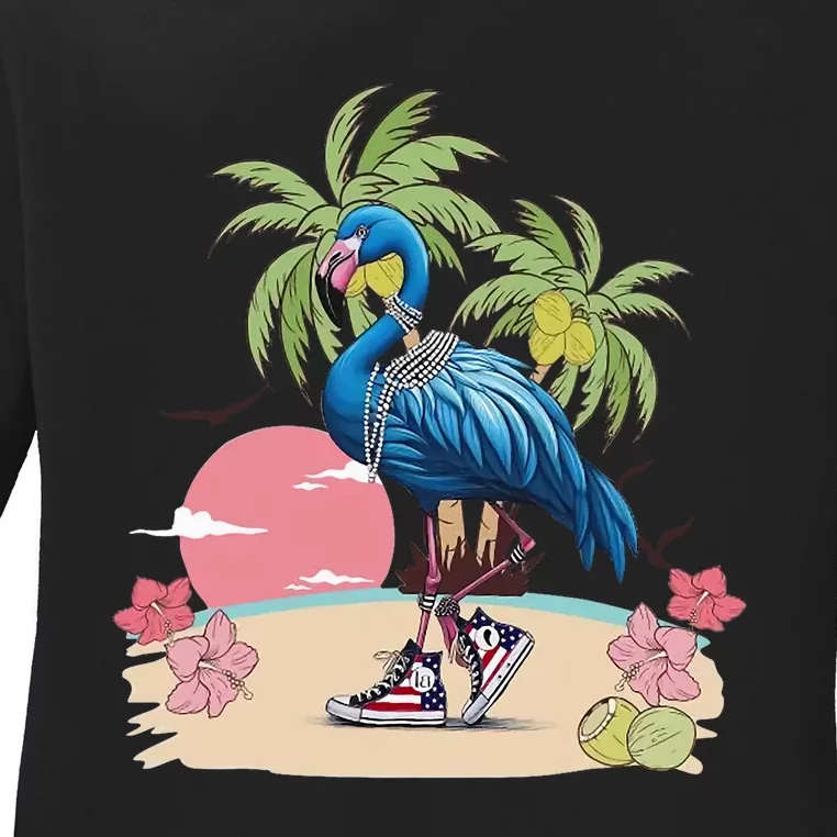 Flamingo Blue Chucks And Pearls Funny Coconut Tree Women Ladies Long Sleeve Shirt