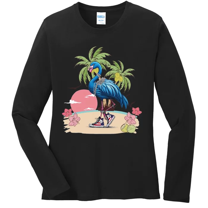 Flamingo Blue Chucks And Pearls Funny Coconut Tree Women Ladies Long Sleeve Shirt