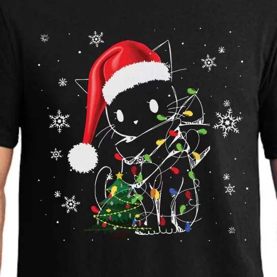 Funny Black Cat Christmas Lights Santa Hat Xmas Pajama Set