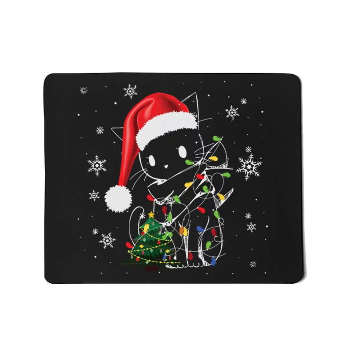 Funny Black Cat Christmas Lights Santa Hat Xmas Mousepad