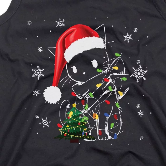 Funny Black Cat Christmas Lights Santa Hat Xmas Tank Top