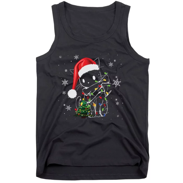 Funny Black Cat Christmas Lights Santa Hat Xmas Tank Top