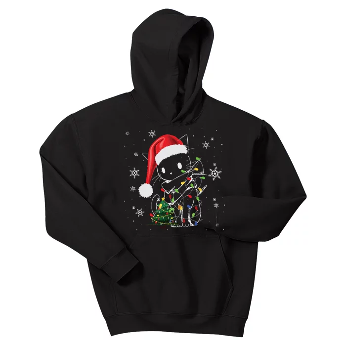 Funny Black Cat Christmas Lights Santa Hat Xmas Kids Hoodie