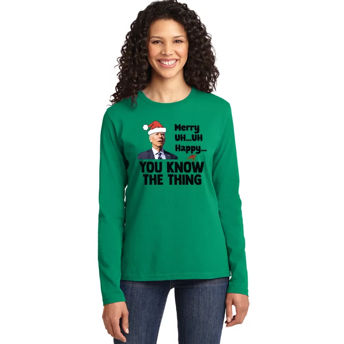 Funny Biden Christmas Confused Biden Santa Hat Ladies Long Sleeve Shirt