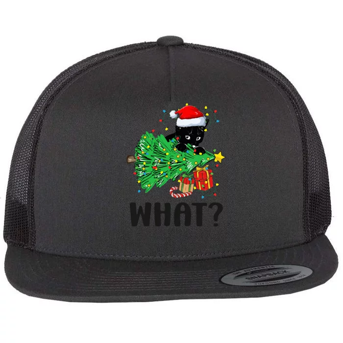 Funny Black Cat Gift Pushing Christmas Tree Over Cat What Flat Bill Trucker Hat