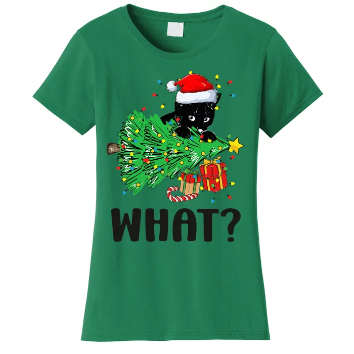 Funny Black Cat Gift Pushing Christmas Tree Over Cat What Women's T-Shirt