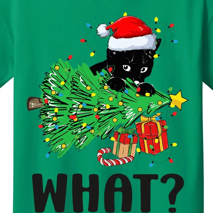 Funny Black Cat Gift Pushing Christmas Tree Over Cat What Kids T-Shirt