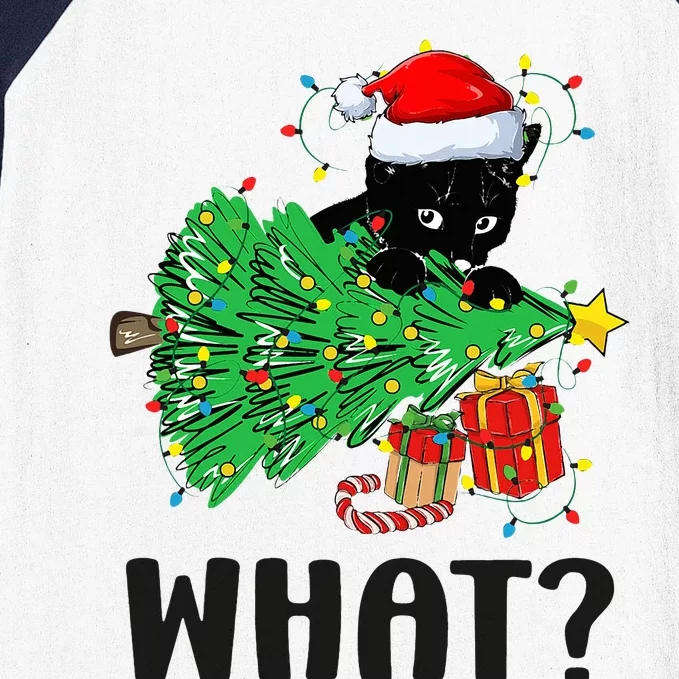 Funny Black Cat Gift Pushing Christmas Tree Over Cat What Baseball Sleeve Shirt