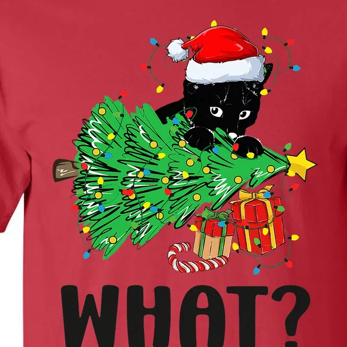 Funny Black Cat Gift Pushing Christmas Tree Over Cat What Tall T-Shirt