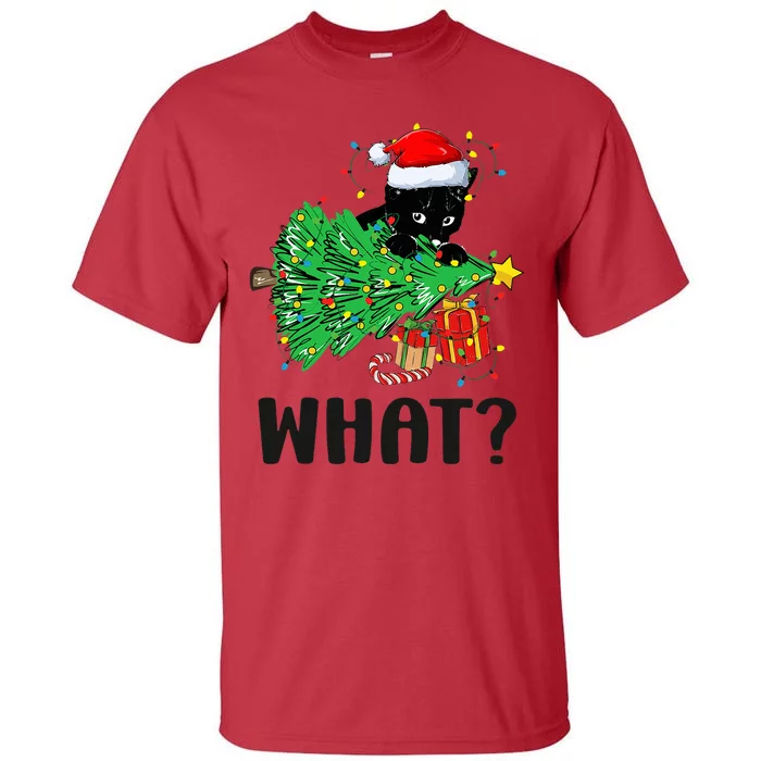 Funny Black Cat Gift Pushing Christmas Tree Over Cat What Tall T-Shirt