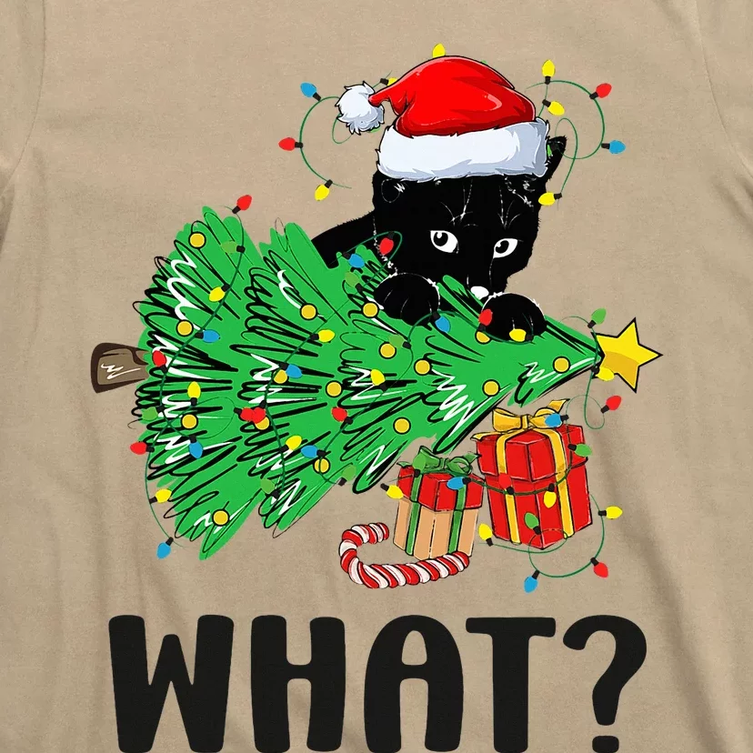 Funny Black Cat Gift Pushing Christmas Tree Over Cat What T-Shirt