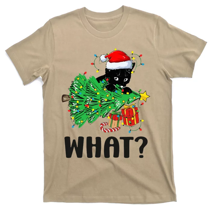 Funny Black Cat Gift Pushing Christmas Tree Over Cat What T-Shirt