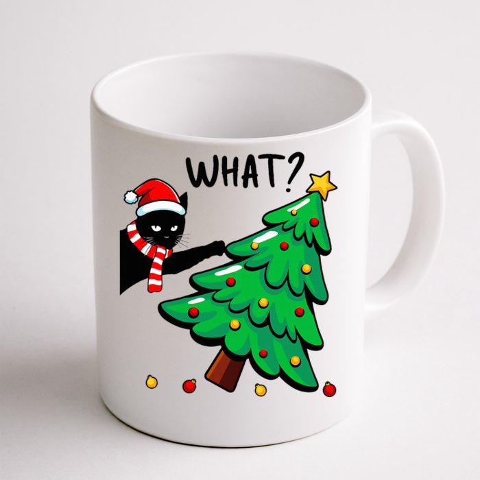 Funny Black Cat Pushing Christmas Tree Over Cat What Front & Back Coffee Mug