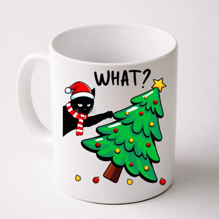 Funny Black Cat Pushing Christmas Tree Over Cat What Front & Back Coffee Mug