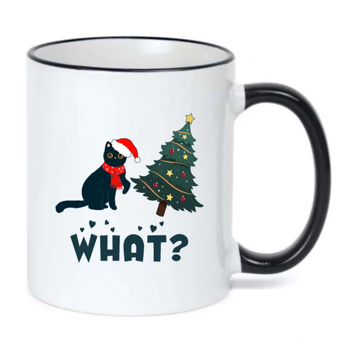 Funny Black Cat Pushing Christmas Tree Over Cat What? Black Color Changing Mug