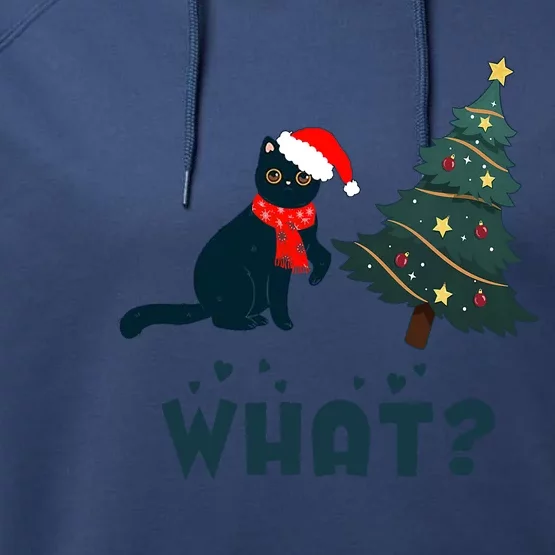 Funny Black Cat Pushing Christmas Tree Over Cat What? Performance Fleece Hoodie