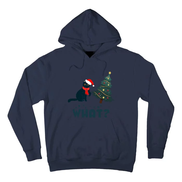 Funny Black Cat Pushing Christmas Tree Over Cat What? Tall Hoodie