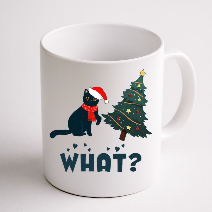 Funny Black Cat Pushing Christmas Tree Over Cat What? Front & Back Coffee Mug