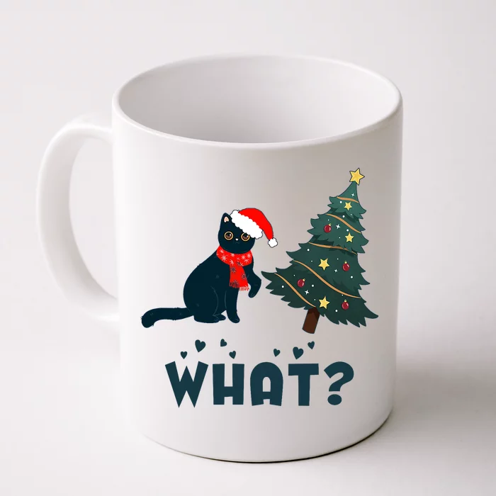 Funny Black Cat Pushing Christmas Tree Over Cat What? Front & Back Coffee Mug