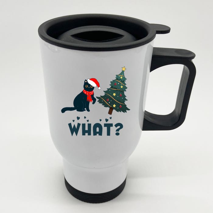 Funny Black Cat Pushing Christmas Tree Over Cat What? Front & Back Stainless Steel Travel Mug