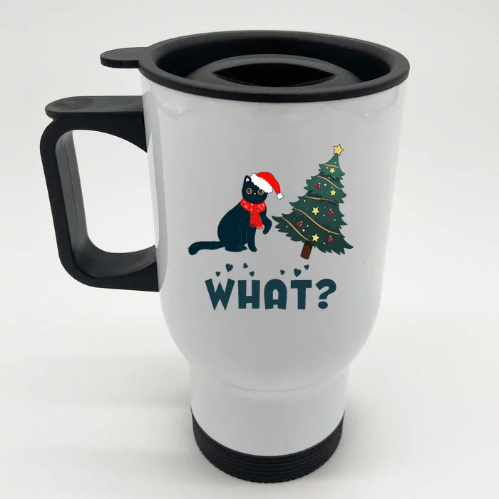 Funny Black Cat Pushing Christmas Tree Over Cat What? Front & Back Stainless Steel Travel Mug