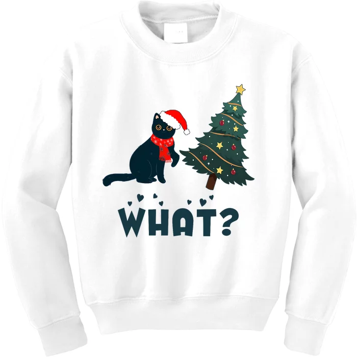 Funny Black Cat Pushing Christmas Tree Over Cat What? Kids Sweatshirt