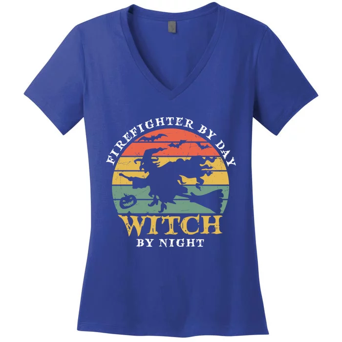 Firefighter By Day Witch By Night Retro Funny Halloween Gift Women's V-Neck T-Shirt