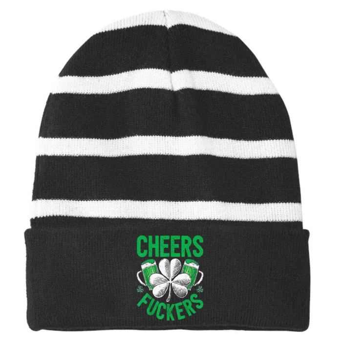 Funny Beer Drinking Cheers Fuckers St Patricks Day Striped Beanie with Solid Band