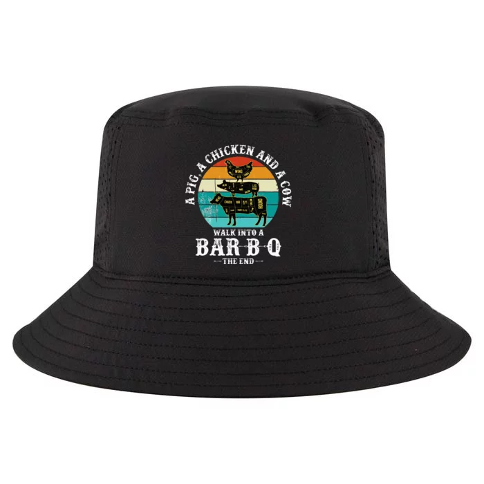 Funny BBQ DAD A Pig A Chicken And A Cow Walk into a BarBQ Cool Comfort Performance Bucket Hat