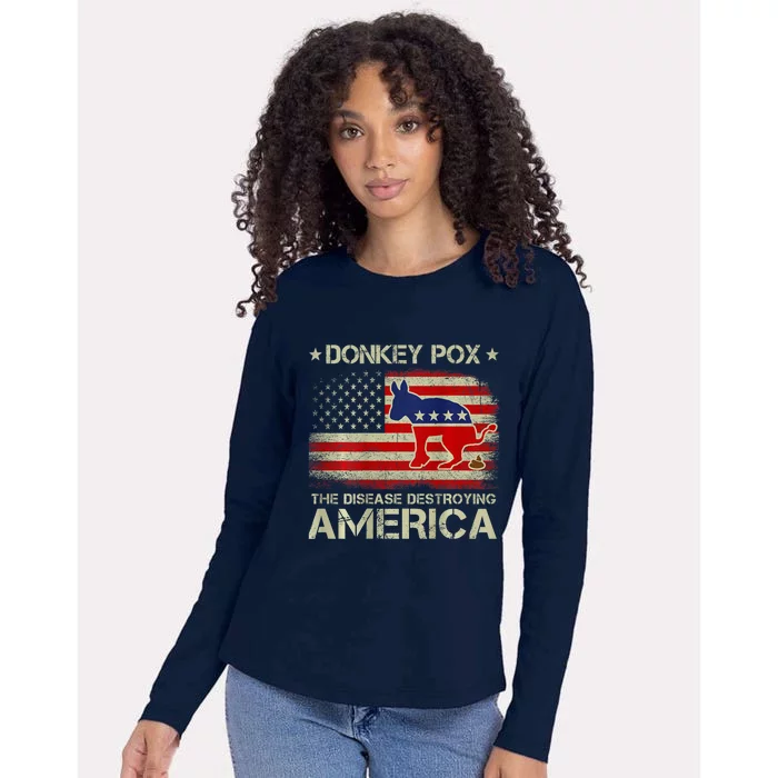 Funny Biden Donkey Pox The Disease Destroying Vintage America Flag Womens Cotton Relaxed Long Sleeve T-Shirt