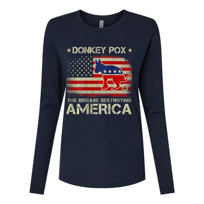 Funny Biden Donkey Pox The Disease Destroying Vintage America Flag Womens Cotton Relaxed Long Sleeve T-Shirt