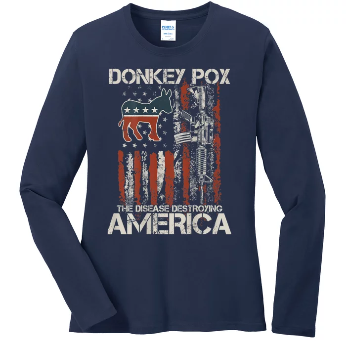 Funny Biden Donkey Pox The Disease Destroying America Back Ladies Long Sleeve Shirt