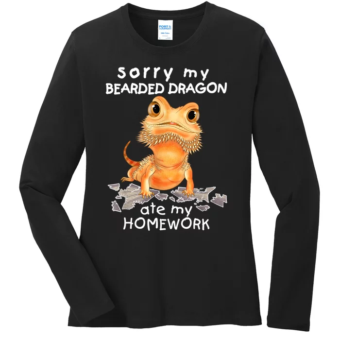 Funny Bearded Dragon Cute Lizard Beardie Ate My Homework Gift Ladies Long Sleeve Shirt