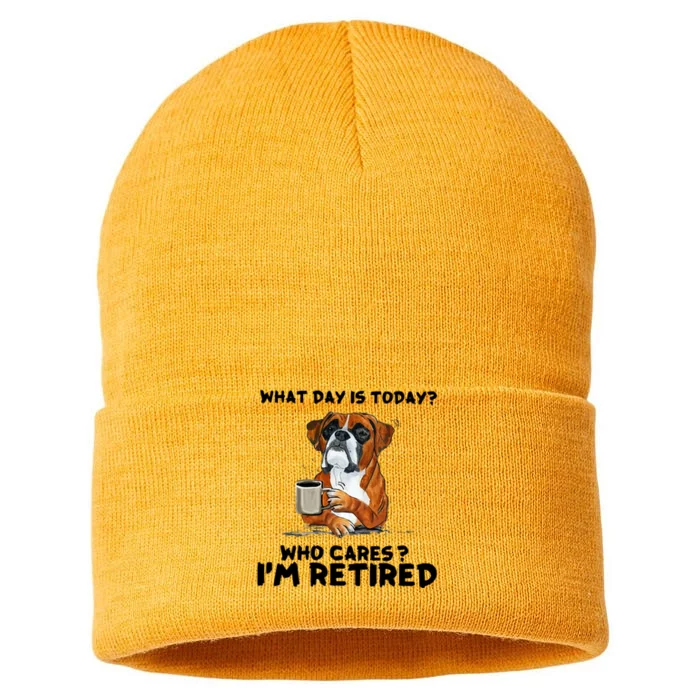 Funny Boxer Dog What Day Is Today Who Care I'm Retired Sustainable Knit Beanie