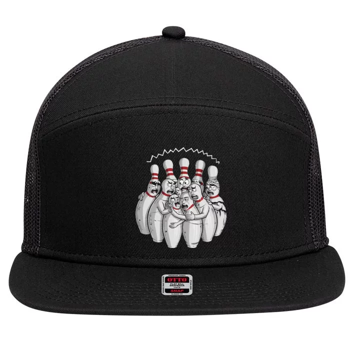 Funny Bowling Design With Nervous Pins Facing A Bowling Ball 7 Panel Mesh Trucker Snapback Hat