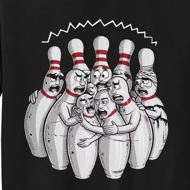 Funny Bowling Design With Nervous Pins Facing A Bowling Ball Sweatshirt