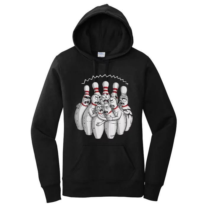 Funny Bowling Design With Nervous Pins Facing A Bowling Ball Women's Pullover Hoodie