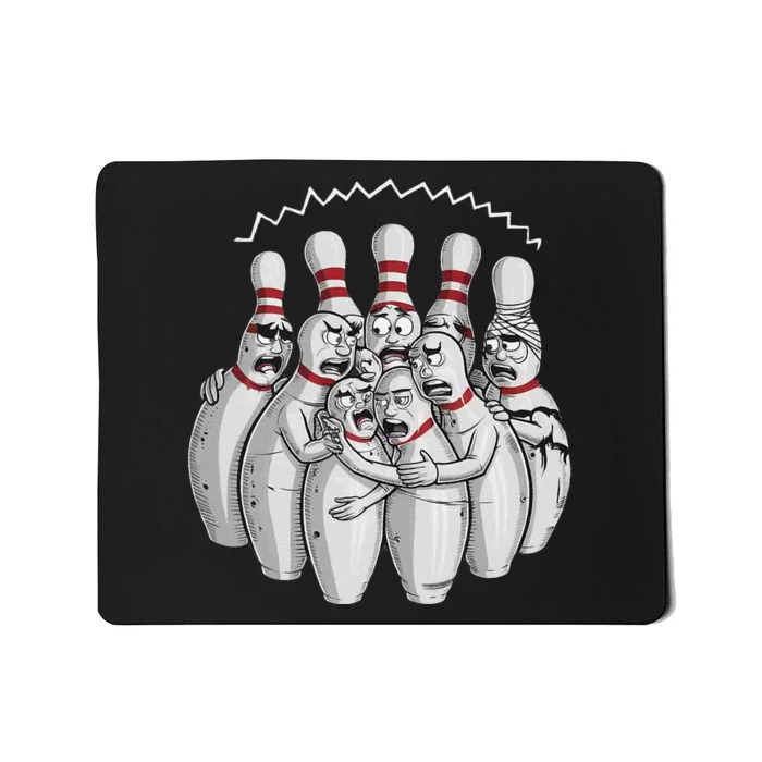 Funny Bowling Design With Nervous Pins Facing A Bowling Ball Mousepad