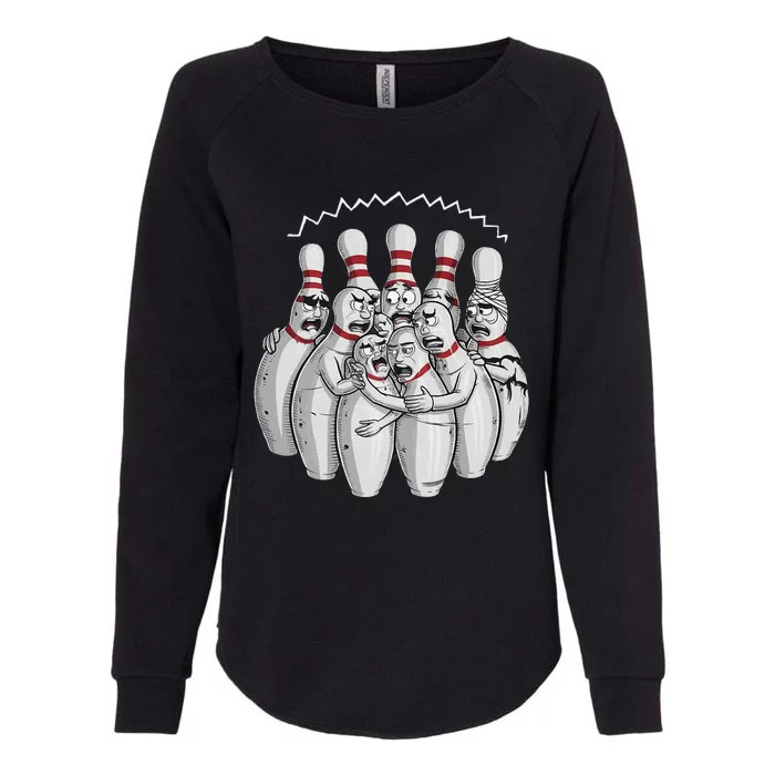 Funny Bowling Design With Nervous Pins Facing A Bowling Ball Womens California Wash Sweatshirt