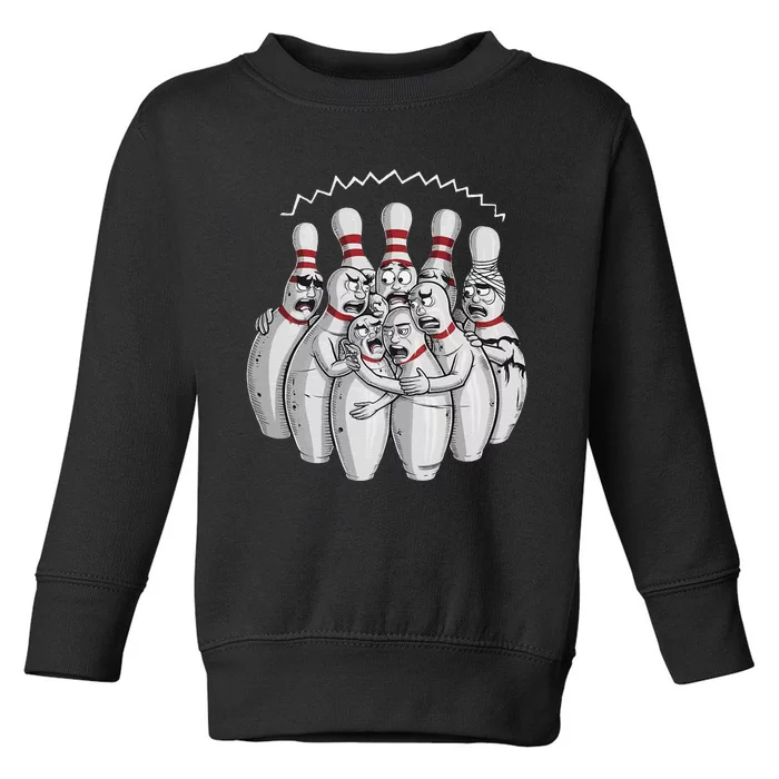 Funny Bowling Design With Nervous Pins Facing A Bowling Ball Toddler Sweatshirt