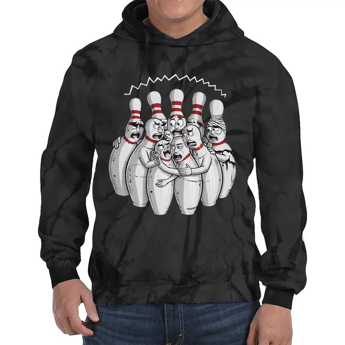 Funny Bowling Design With Nervous Pins Facing A Bowling Ball Tie Dye Hoodie