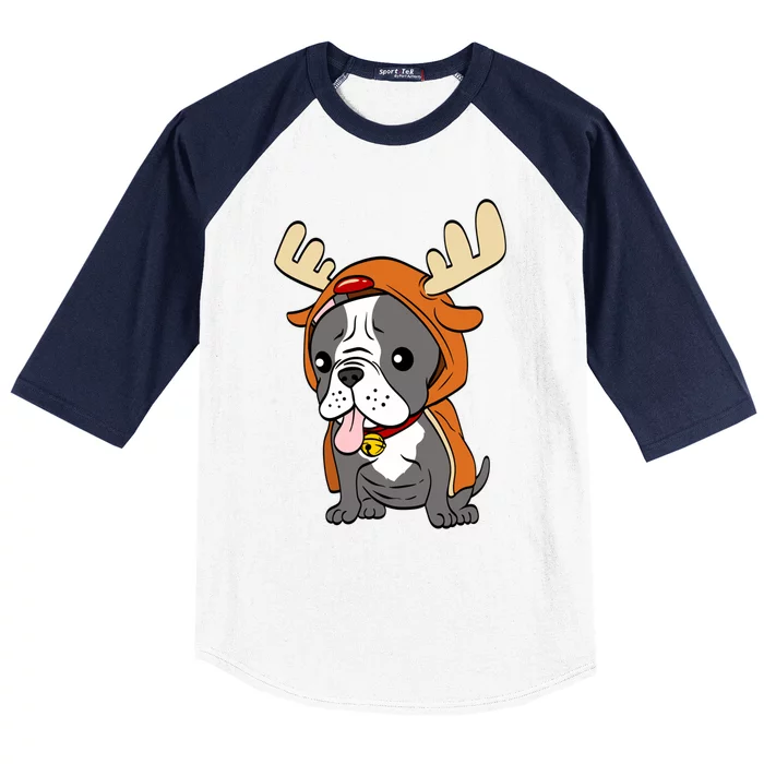 French Bulldog Dressed As Reindeer Dogs Xmas Gift Baseball Sleeve Shirt