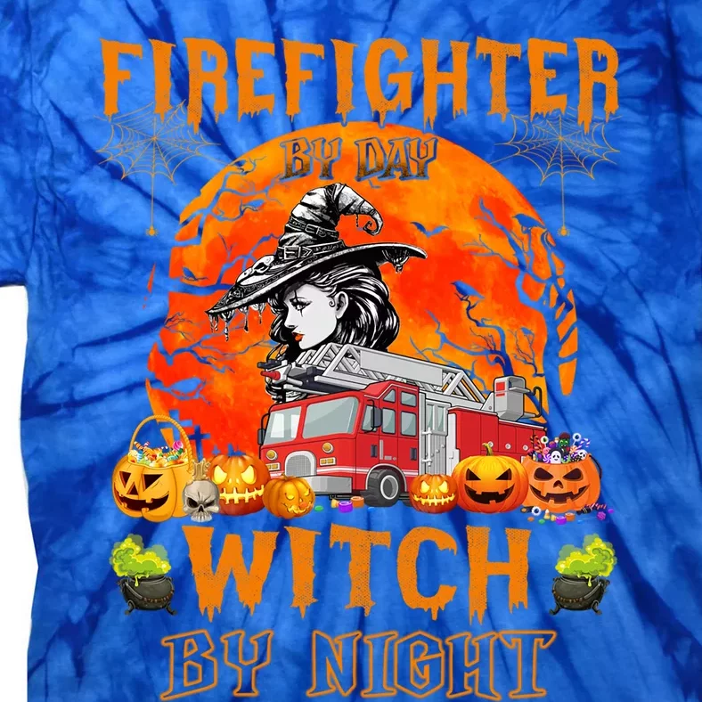 Firefighter By Day Witch By Night Halloween Fire Truck Funny Gift Tie-Dye T-Shirt