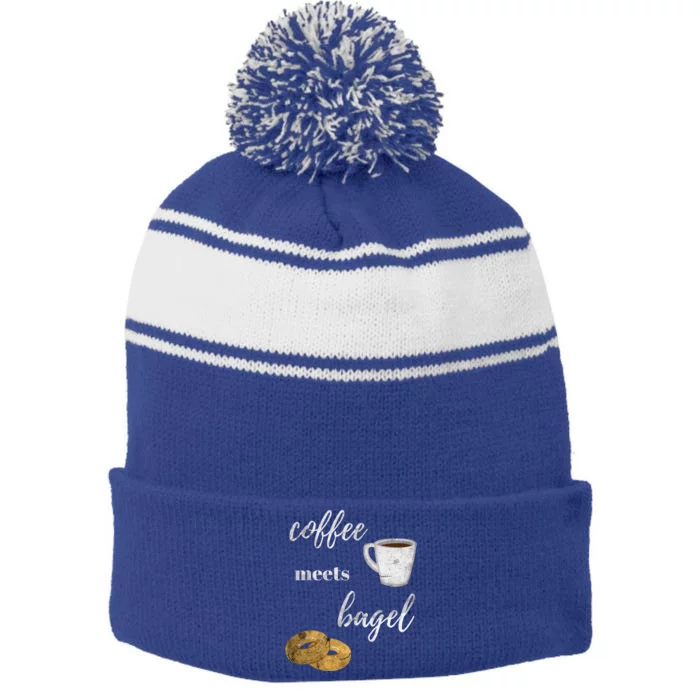 Foodie Breakfast Design Funny Coffee Meets Bagels Food Lover Gift Stripe Pom Pom Beanie