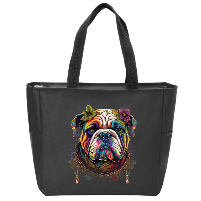 Funny Bulldog Dog Hippie Zip Tote Bag