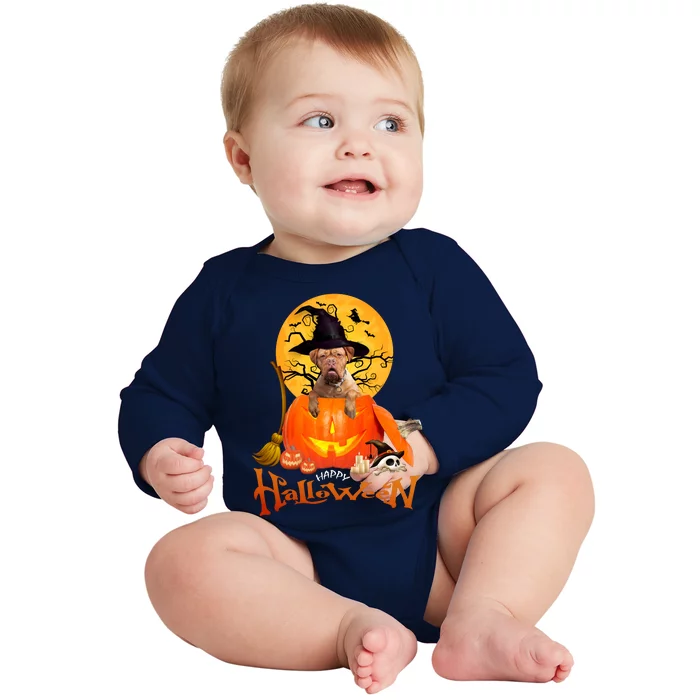 Funny Bordeaux Dog Spooky Halloween Baby Long Sleeve Bodysuit